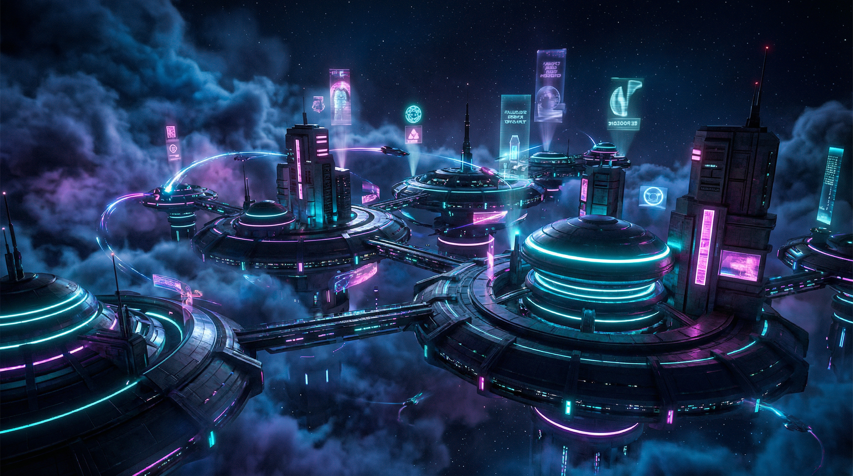 Neon-lit futuristic skyline suggesting scale, innovation, and long-term data strategy